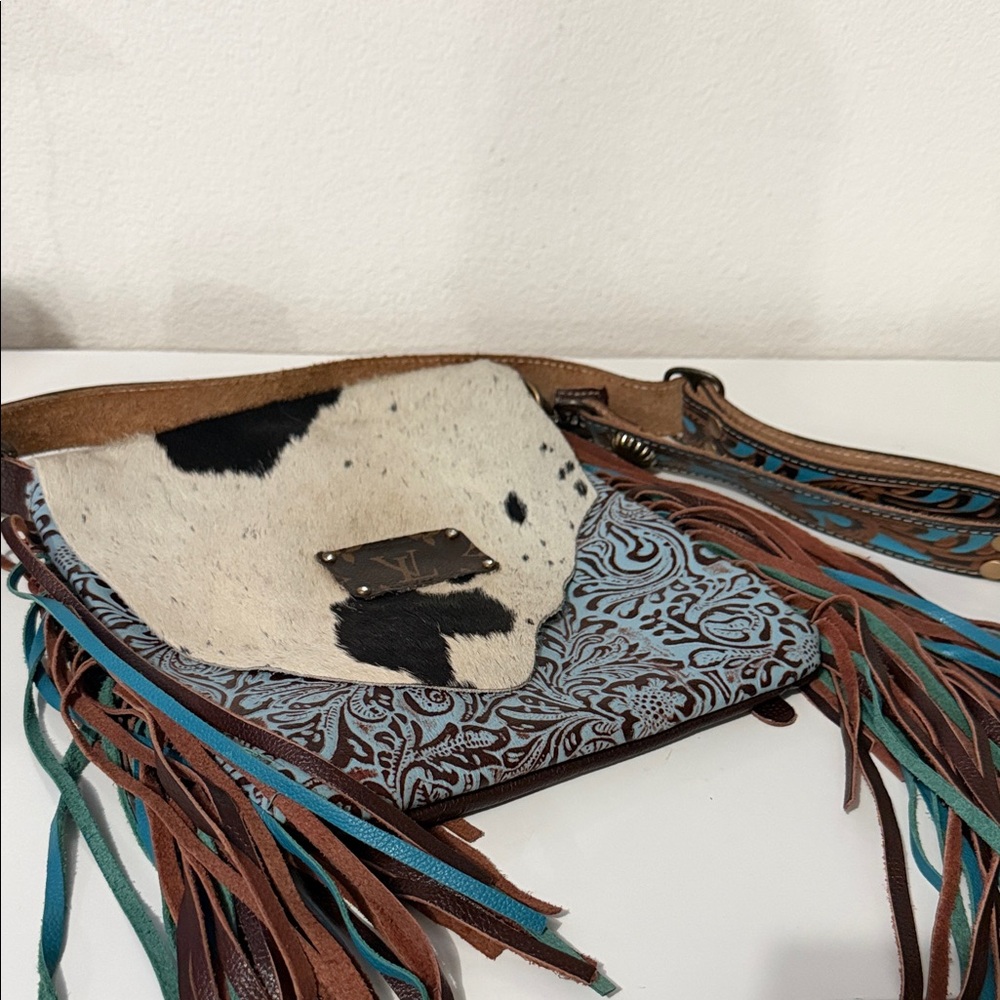 Myra Bag Brown & Turquoise Fringe Cowhide Flap conceal carry crossbody